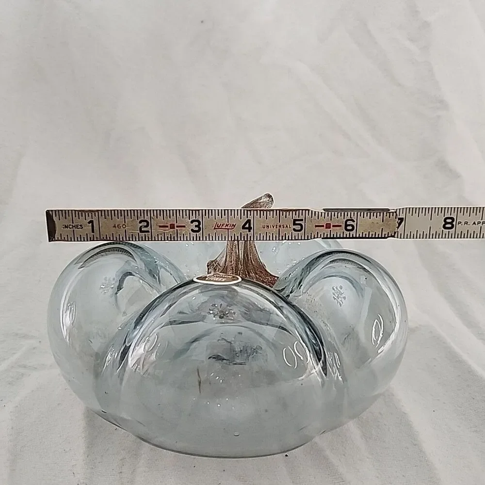 Glass Pumpkin Clear W/ Gold Glitter Shimmer Stem Hand Blown Artisan 7